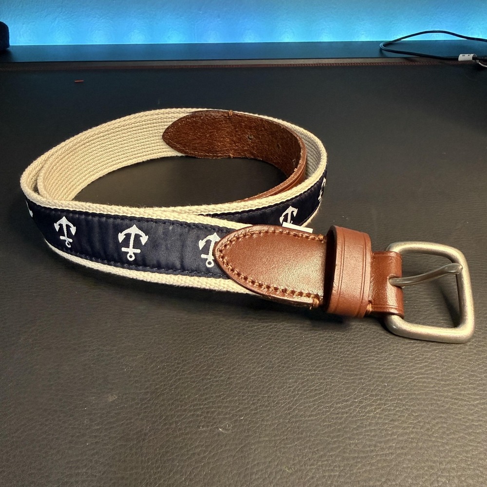 J.Crew Belt Mens 38 Blue Anchor Print Nautical Web Leather Trim Casual Buckle